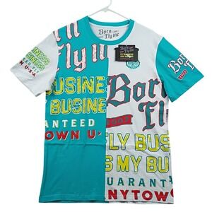 Born Fly Graphic Tee Mens Large Turquoise White Streetwear Split Panel Shirt NWT
